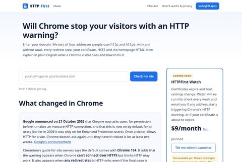 Screenshot of the HTTPFirst Check home page, which checks a site for Chrome's insecure HTTP warning.