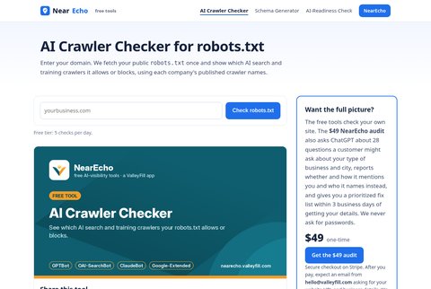 Screenshot of the NearEcho AI Crawler Checker, with a domain field and a Check robots.txt button.