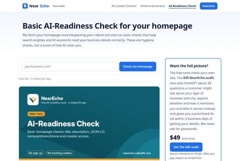 Screenshot of the NearEcho AI-Readiness Check page, with a homepage address field.