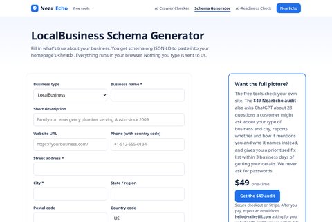 Screenshot of the NearEcho Schema Generator form for building LocalBusiness structured data.
