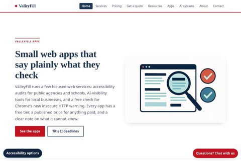 Screenshot of the valleyfill.com home page, headed "Small web apps that say plainly what they check".