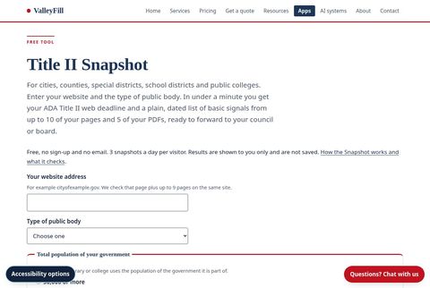 Screenshot of the free Title II Snapshot page on valleyfill.com, with the website address field and the type-of-public-body menu.
